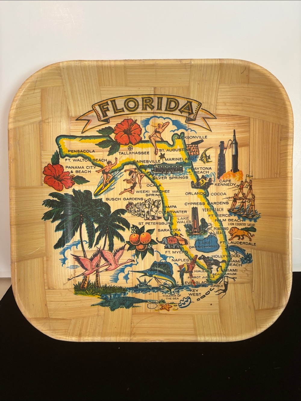 Vintage 1970s Florida bamboo souvenir bowl